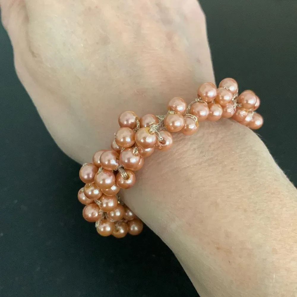 The Bardot Hair Tie - Rose Pearl Clusters on Gold Elastic